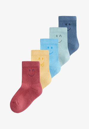 Set aus fünf gerippten Socken mit Smiley-Gesichtsdesigns. Farben sind Tiefrot, Gelb, Hellblau, Grünlich-Blau und Dunkelblau.