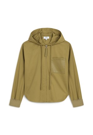 Olijfgroene hoodie jack van gladde stof, met een rits aan de voorkant, een patchzak en ribgebreide manchetten. Eenvoudig, casual ontwerp.