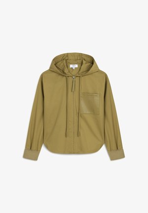 Olijfgroene hoodie jack van gladde stof, met een rits aan de voorkant, een patchzak en ribgebreide manchetten. Eenvoudig, casual ontwerp.