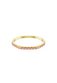 Bracciale in oro con una fila di gemme rosa, forma rettangolare, finitura liscia, con montature a griffe per le pietre.