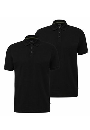 Zwei schwarze Poloshirts mit klassischem Design. Sie verfügen über einen Kragen, eine Drei-Knopf-Leiste, kurze Ärmel und eine einfarbige Textur.