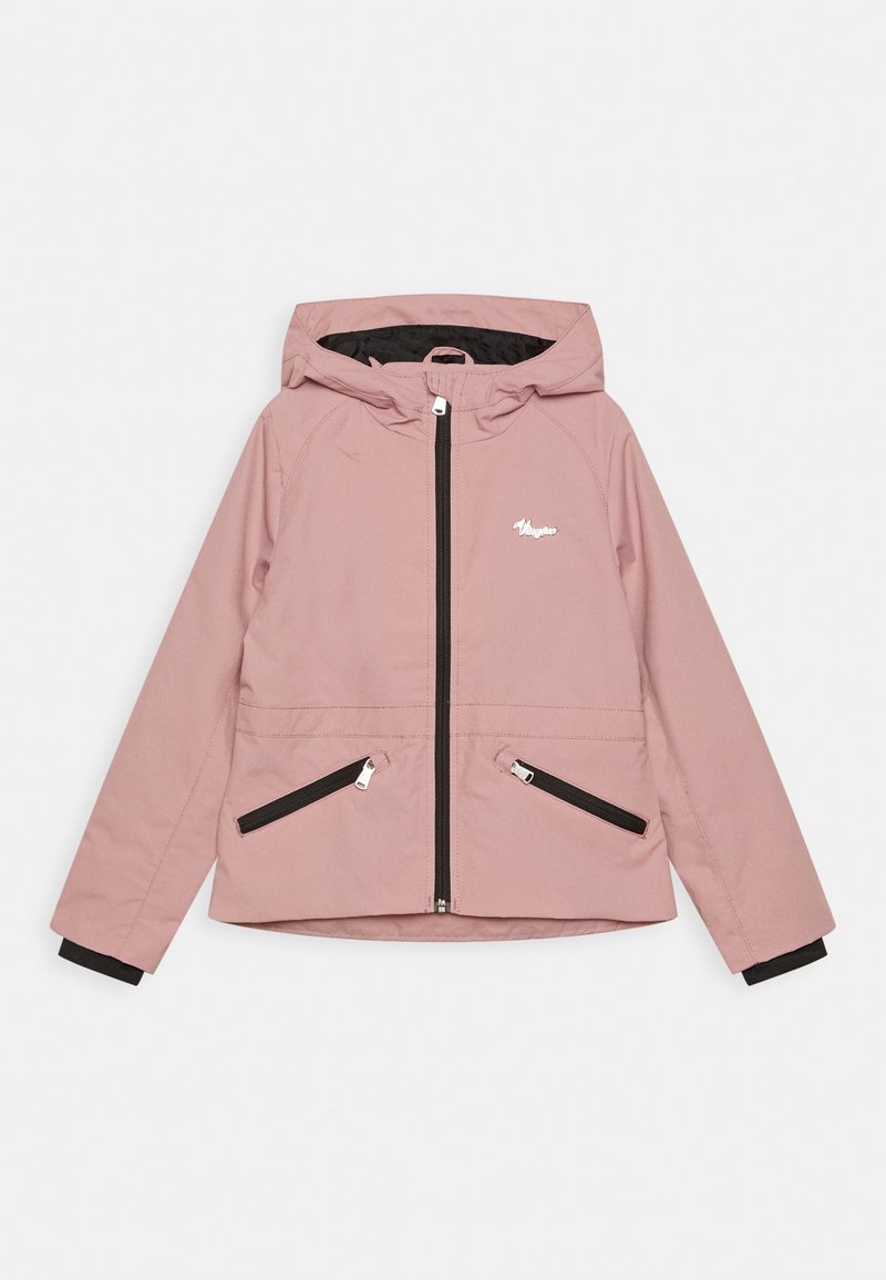 Veste à capuche rose avec fermeture éclair intégrale à l'avant, deux poches zippées inclinées, et un logo sur le côté gauche de la poitrine, présentée à plat sur un fond blanc.