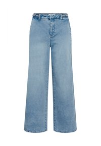 Svetlo modre kavbojke z ohlapnimi širokimi hlačnicami iz jeansa, z visokim pasom, z vzorcem na detajlnem pasu in zaključeni s šivi. Ima sproščen kroj.