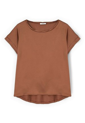 Bruine blouse met korte mouwen, een ronde halslijn, omgeslagen manchetten en een licht gebogen zoom die aan de achterkant langer is.