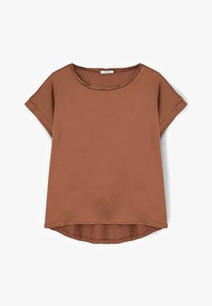 Brązowa bluzka z krótkim rękawem, okrągłym dekoltem, mankietami na rękawach i lekko zaokrąglonym dołem, dłuższym z tyłu.