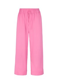 Roze, lichte, wijde broek met een elastische tailleband en een trekkoord. Gladde textuur, cropped lengte en omgeslagen zoom.