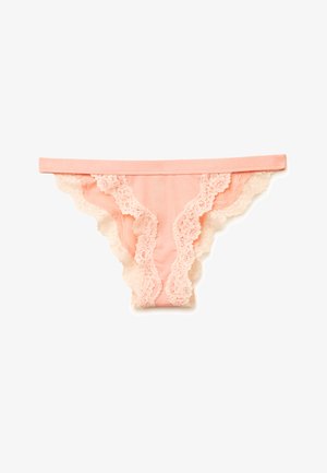 Pink lace-trimmed bikini-style underwear with scalloped edges, featuring a sheer floral lace design along the front and sides.