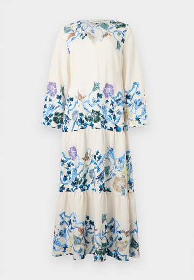 Robe maxi crème à manches longues avec col en V et broderies florales bleu, violet, vert et marron sur les manches, le corsage et la jupe.