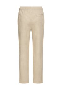 Beige gemusterte Hose mit elastischem Bund und einer hinteren Tasche; gerade Beinform mit glatter Textur.