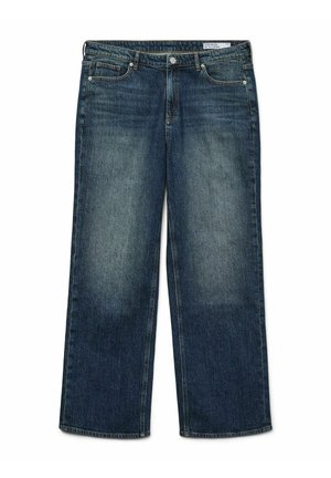 Jeans en denim bleu foncé délavé avec une coupe droite, design à cinq poches, fermeture à bouton sur le devant et détails surpiqués le long des coutures.