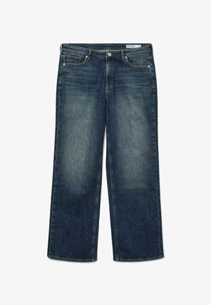 Jeans en denim bleu foncé délavé avec une coupe droite, design à cinq poches, fermeture à bouton sur le devant et détails surpiqués le long des coutures.