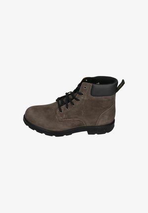 Braune Leder-Ankle-Boots mit schwarzen Akzenten, runder Zehenform, Schnürung und einer strukturierten Oberfläche. Robuste Sohle mit Griff für Bodenhaftung.