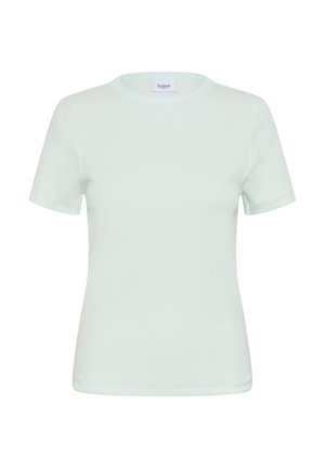 Svetlo mint zelena majica iz mehkega, raztegljivega materiala. Ima okrogel izrez in kratke rokave, preprosta zasnova brez vzorcev.