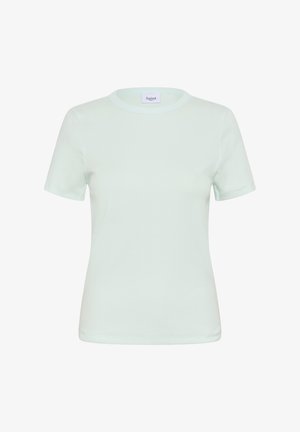 Svetlo mint zelena majica iz mehkega, raztegljivega materiala. Ima okrogel izrez in kratke rokave, preprosta zasnova brez vzorcev.