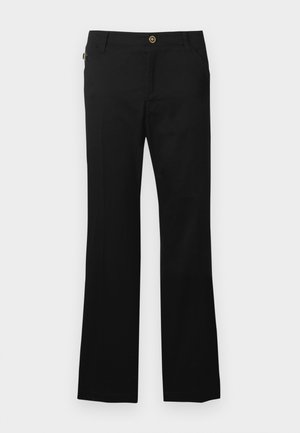 Zwarte broek van een katoenmix, met een rechte pijpvorm, voorzakken en een gouden knoopdetail in de taille.