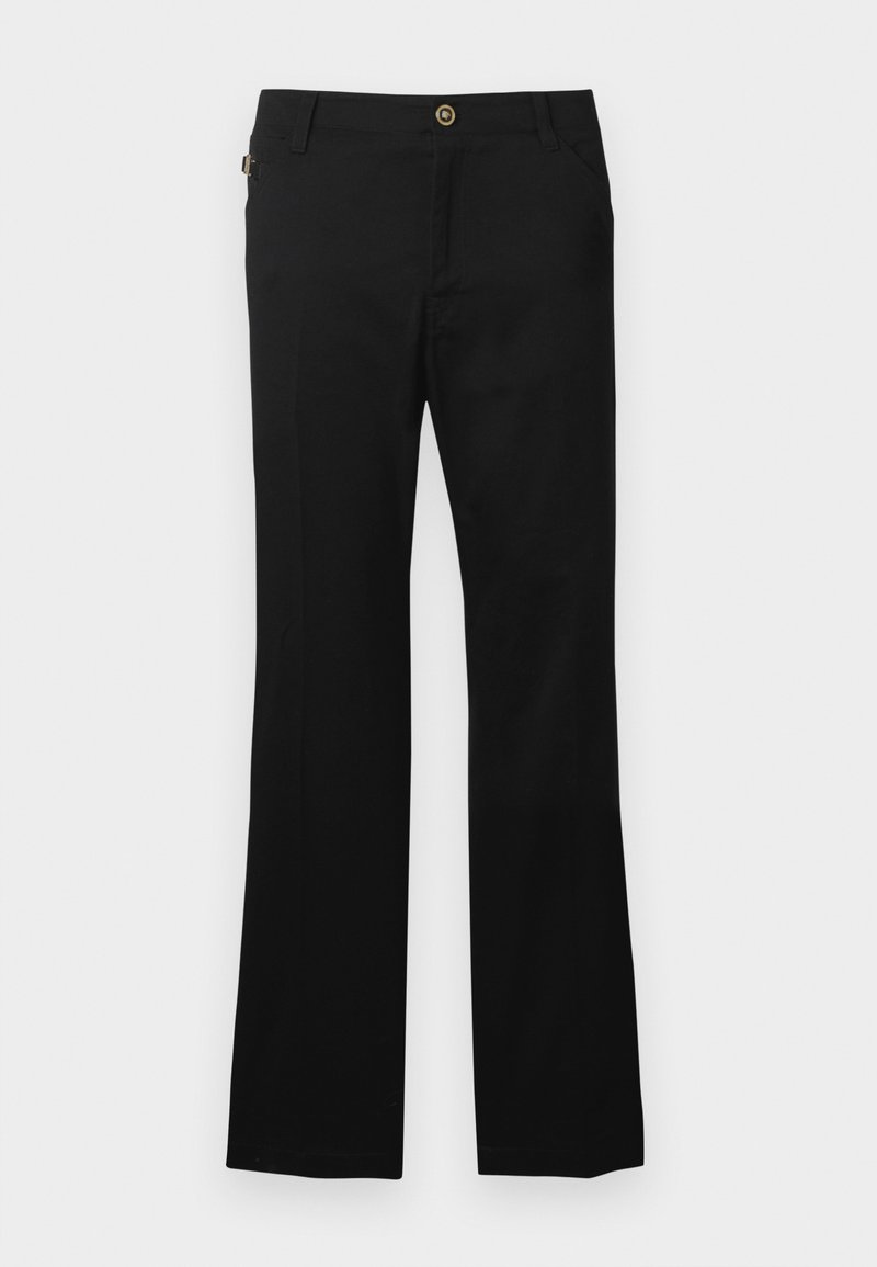 Pantaloni neri in tessuto misto cotone, con design a gamba dritta, tasche frontali e dettaglio con bottone dorato in vita.