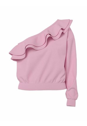 Maglione rosa monospalla con una grande ruches lungo la scollatura e una manica lunga sul lato destro.