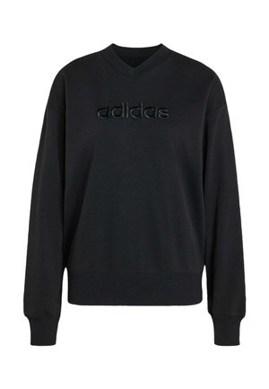 Czarna bluza Adidas z długimi rękawami, dekoltem w serek i wypukłym czarnym logo Adidas na środku klatki piersiowej.