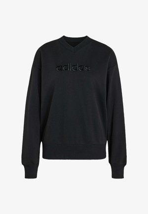 Schwarzer Adidas-Sweatshirt mit langen Ärmeln, V-Ausschnitt und erhabenem schwarzem Adidas-Logo auf der Brustmitte.