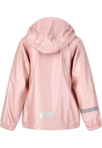 Ljust rosa vattentät jacka med huva, elastiska ärmslut och en silverreflekterande remsa på vänster ärm. Mjuk, jämn textur.