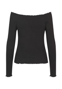 Schwarzes Off-the-Shoulder-Oberteil mit langen Ärmeln, gerippter Textur und gewelltem Saum. Hat eine gewellte Kante am Ausschnitt und an den Ärmelbündchen.