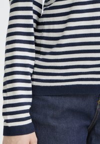 Pull rayé avec des rayures horizontales bleu marine et blanches. Tissu tricoté, col rond et poignets côtelés. Associé à un denim bleu foncé.