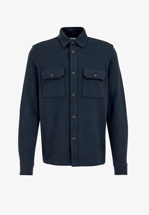 Navy blue button-up shirt made of textured fabric, featuring two chest pockets, a collar, and a straight hem with button cuffs.