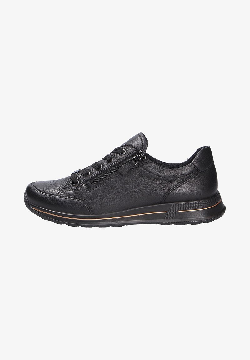 Black leather sneaker with a rounded toe, textured upper, and decorative side zipper. Features a cushioned sole with a subtle gold accent stripe.