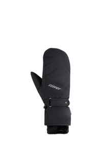 Schwarze isolierte Fäustlinge mit einer gesteppten Textur, verstellbarem Riemen und einem weichen Fleecefutter für zusätzliche Wärme und Komfort. Ziener-Logo angezeigt.