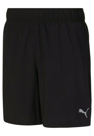 Shorts de sport noirs avec taille élastique et petit logo Puma blanc sur la jambe inférieure gauche.