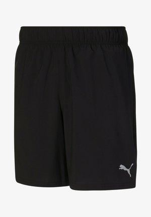 Pantalones cortos deportivos negros con cintura elástica y pequeño logo blanco de Puma en la parte inferior izquierda de la pierna.