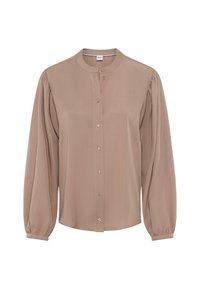 Blusa beige con bottoni, maniche lunghe a puff, realizzata in tessuto morbido. Presenta un colletto rotondo e piccoli bottoni lucidi lungo la parte anteriore.