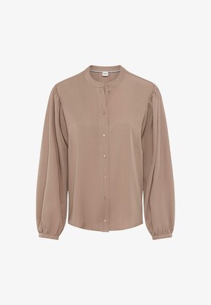 Beige Bluse mit langen Puffärmeln, gefertigt aus einem glatten Stoff. Verfügt über einen runden Kragen und kleine, glänzende Knöpfe auf der Vorderseite.