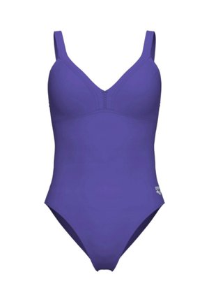 Costume intero viola con spalline spesse e sottili cuciture nella zona del seno.