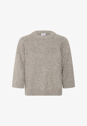 Maglione grigio chiaro lavorato a maglia con scollatura rotonda e maniche a 3/4, caratterizzato da un delicato motivo testurizzato e una vestibilità ampia.