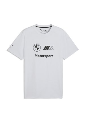 Biały T-shirt z krótkim rękawem z czarnym logo BMW, logo M Motorsport oraz logo Puma na lewym rękawie.