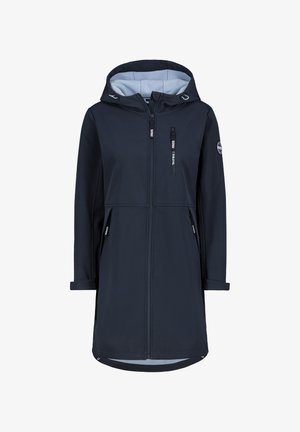Navy waterproof jacket with a hood, featuring two zippered pockets and adjustable cuffs. Smooth outer texture and soft inner lining.