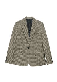 Blazer a motivo pied-de-poule in nero e beige con bavero a punta, due tasche frontali, chiusura a singolo bottone e rivestimento in ecopelle.