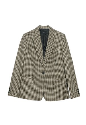 Blazer à motif pied-de-poule noir et beige avec des revers aigus, deux poches avant, fermeture à un bouton et doublure en simili cuir.