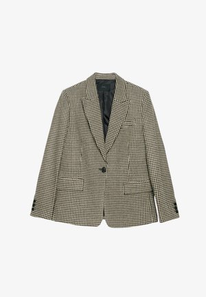 Blazer à motif pied-de-poule noir et beige avec des revers aigus, deux poches avant, fermeture à un bouton et doublure en simili cuir.