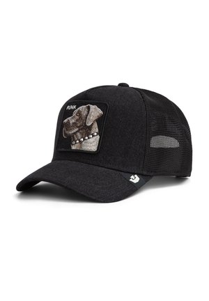 Black mesh-back baseball cap with front patch of a dog's profile wearing a spiked collar and the word "PUNK" above it.
