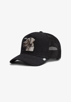 Black mesh-back baseball cap with front patch of a dog's profile wearing a spiked collar and the word "PUNK" above it.