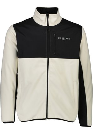 Fleecejacke mit durchgehendem Reißverschluss, hohem Kragen und farblich abgestimmtem Design in Schwarz und Creme. Enthält Seitentaschen und ein Branding-Detail.