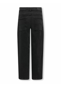 Černé džíny se rovnými nohavicemi, s dvěma zadními kapsami a středním pasem, prezentované s čistým provedením.