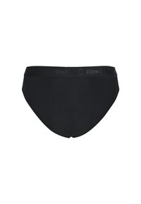 Schwarze Herren-Slips aus weichem Stoff, mit einem Taillenbund mit Logo, glatter Textur und klassischem, enganliegendem Design ohne sichtbare Nähte.