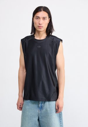Black sleeveless athletic shirt with a smooth texture, featuring subtle shoulder accents and a small logo on the chest.