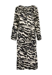 Schwarzes und weißes, zebra-gestreiftes Maxikleid mit Kordelzug in der Taille, langen Ärmeln und rundem Halsausschnitt. Glattes Material mit fließendem Design.