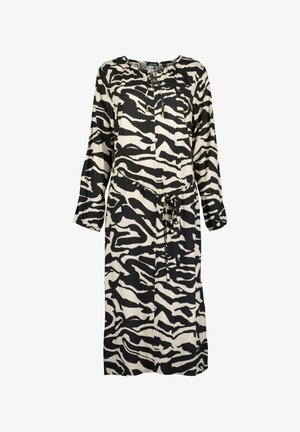 Zwart-wit gestreepte lange jurk met een trekkoord in de taille, lange mouwen en een ronde halslijn. Glad materiaal met een vloeiende uitstraling.