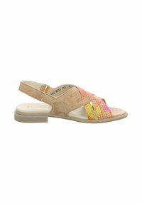 Sandalo beige con cinturino slingback e fasce intrecciate multicolori in rosa, arancione e giallo. Suola piatta, design open toe e texture liscia.
