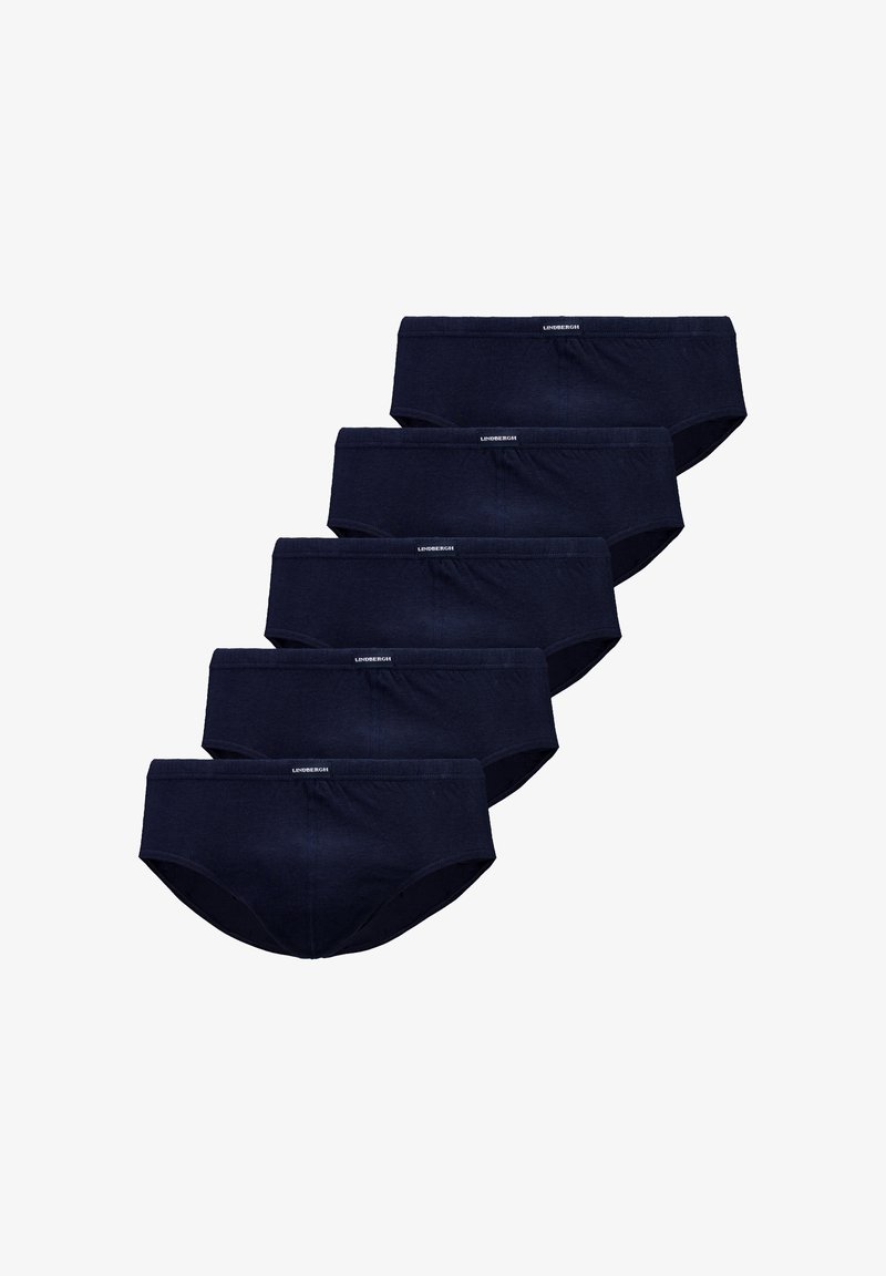 Cinque slip da uomo di colore blu navy impilati ordinatamente, ciascuno dotato di una piccola etichetta con il logo Lindbergh al centro della vita.